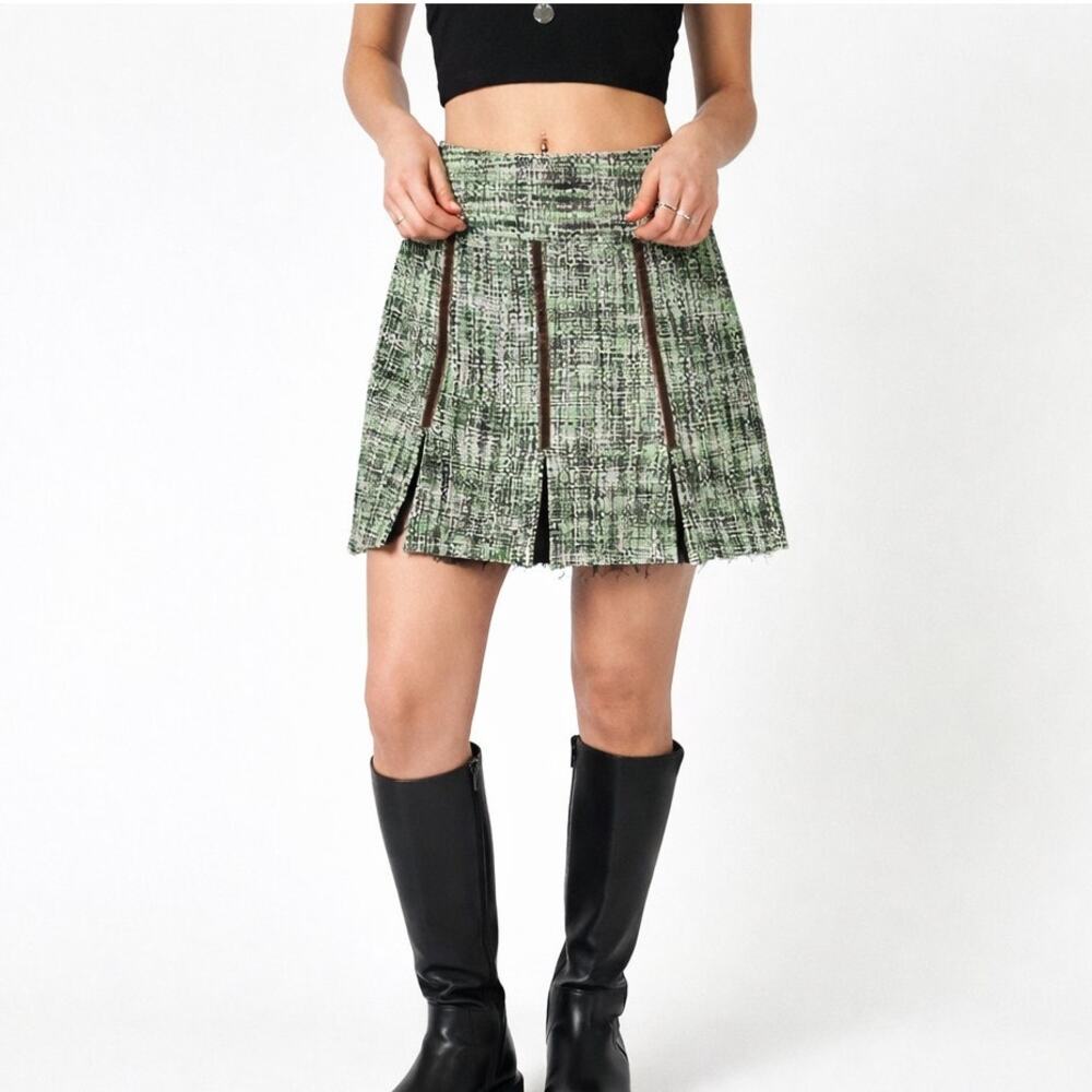 Heart Moon Star Green Tweed Pleated Mini Skirt Y2K Era Size 0